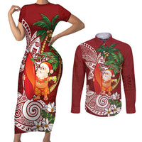 Polynesian Couples Matching Short Sleeve Bodycon Dress and Long Sleeve Button Shirt Tropical Santa - Plumeria Red Vintage