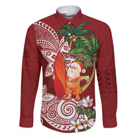 Polynesian Family Matching Mermaid Dress and Hawaiian Shirt Tropical Santa - Plumeria Red Vintage LT7 Dad's Shirt - Long Sleeve Red - Polynesian Pride
