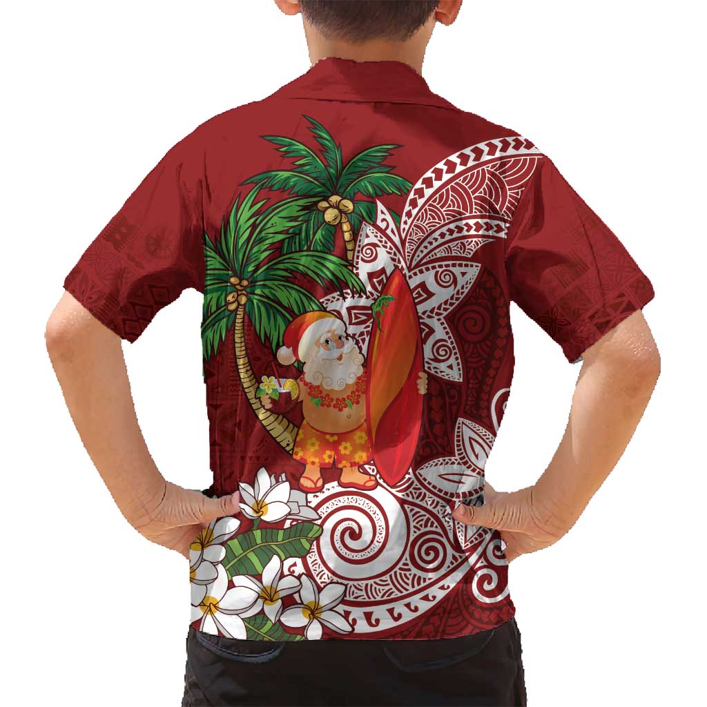 Polynesian Family Matching Puletasi and Hawaiian Shirt Tropical Santa - Plumeria Red Vintage