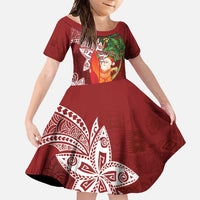 Polynesian Family Matching Short Sleeve Bodycon Dress and Hawaiian Shirt Tropical Santa - Plumeria Red Vintage LT7 Daughter's Dress Red - Polynesian Pride