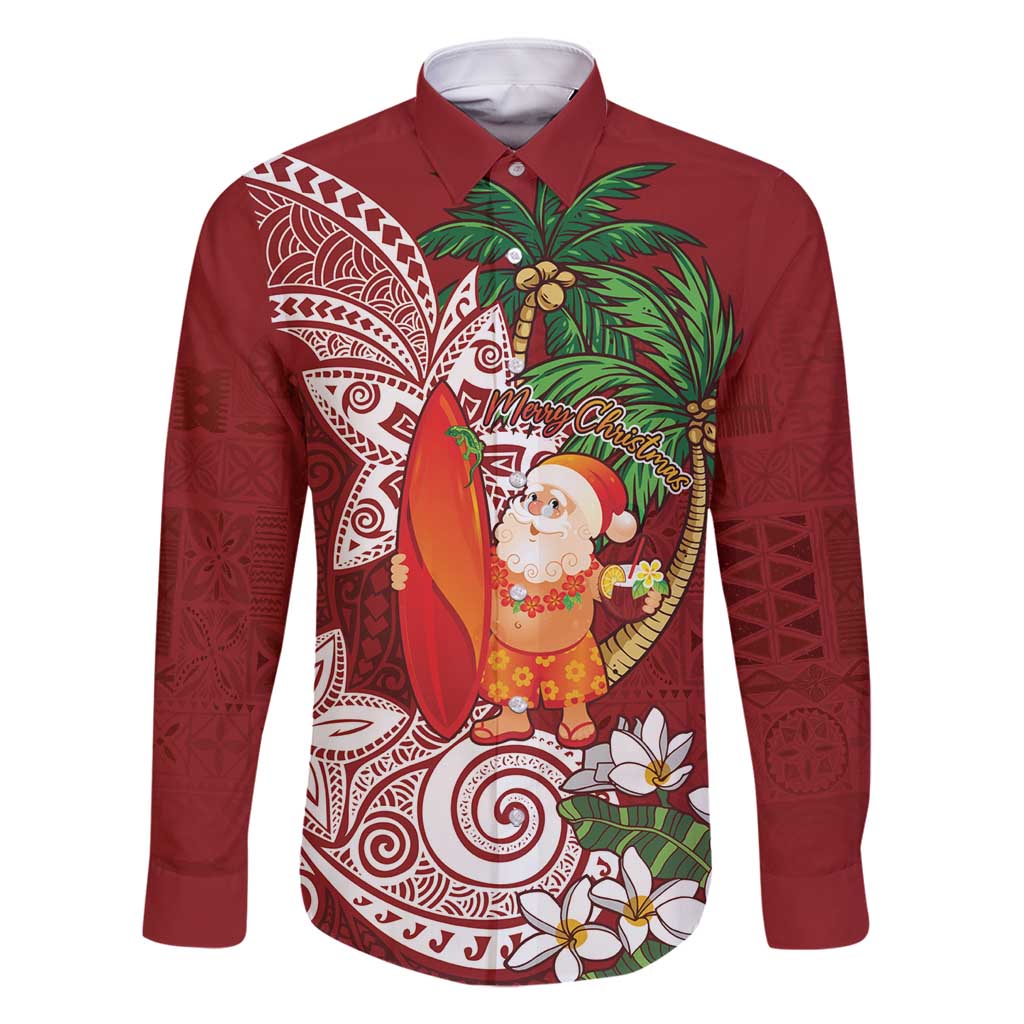 Polynesian Family Matching Tank Maxi Dress and Hawaiian Shirt Tropical Santa - Plumeria Red Vintage LT7 Dad's Shirt - Long Sleeve Red - Polynesian Pride