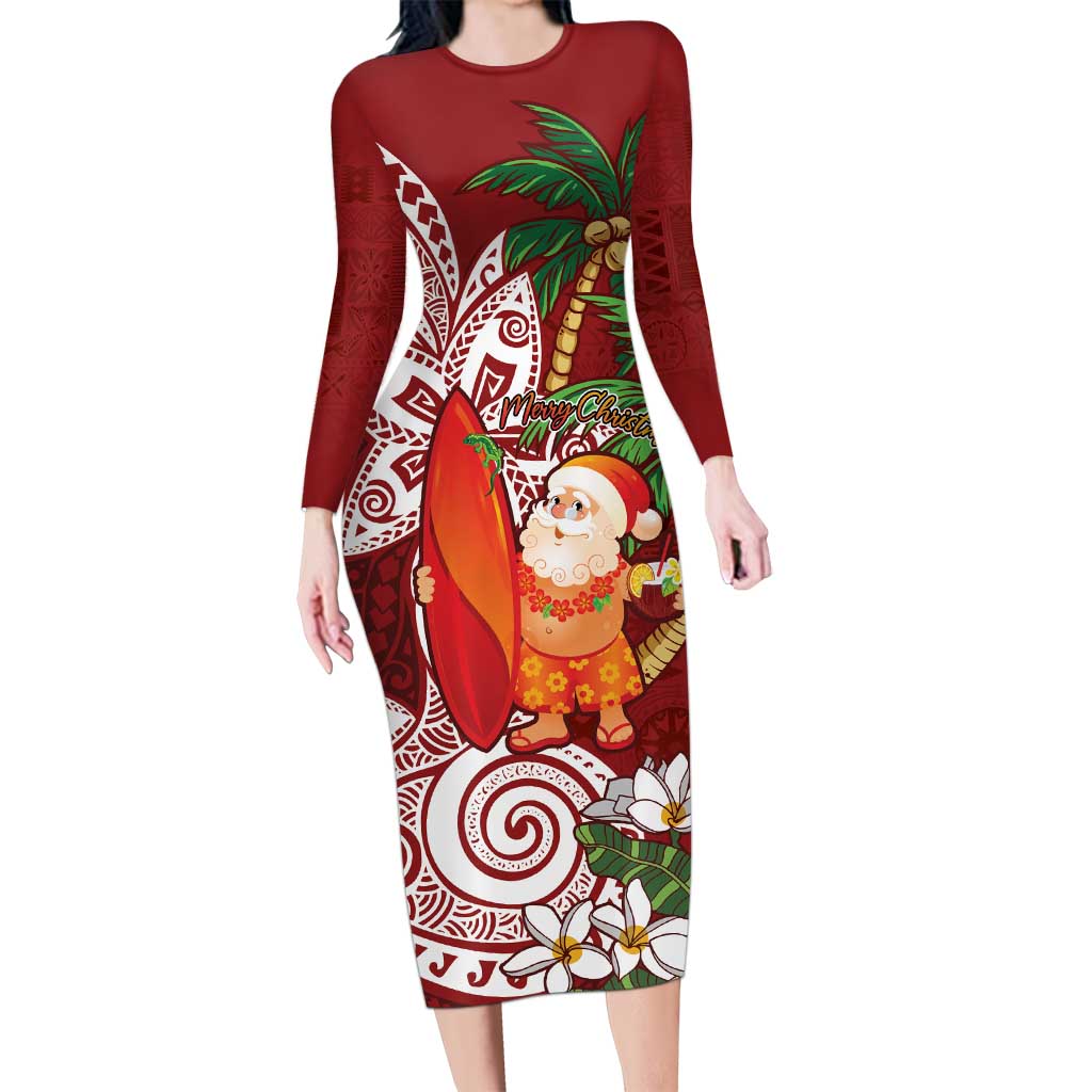 Polynesian Long Sleeve Bodycon Dress Tropical Santa - Plumeria Red Vintage LT7 Long Dress Red - Polynesian Pride