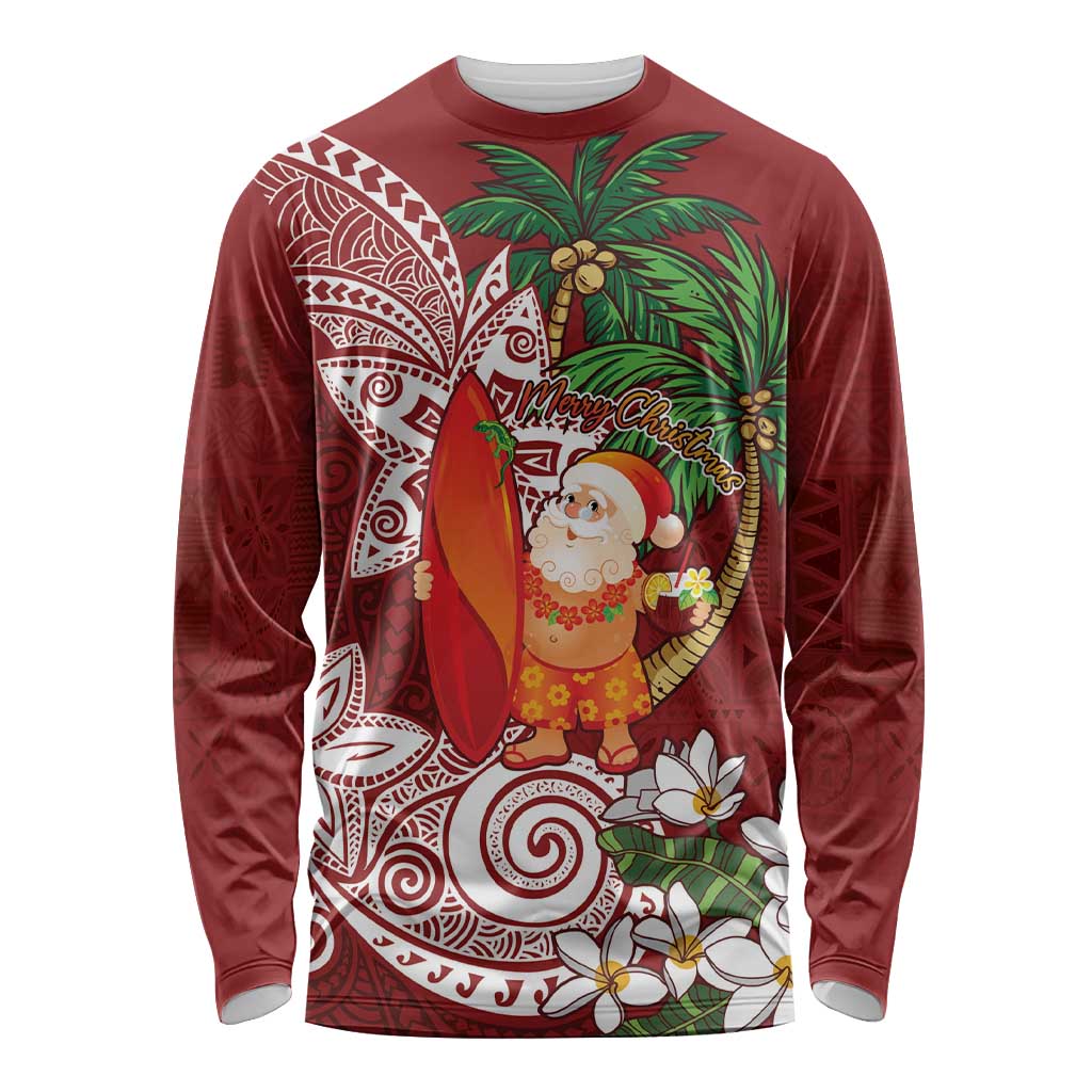 Polynesian Long Sleeve Shirt Tropical Santa - Plumeria Red Vintage LT7 Unisex Red - Polynesian Pride