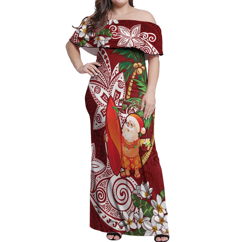 Polynesian Off Shoulder Maxi Dress Tropical Santa - Plumeria Red Vintage
