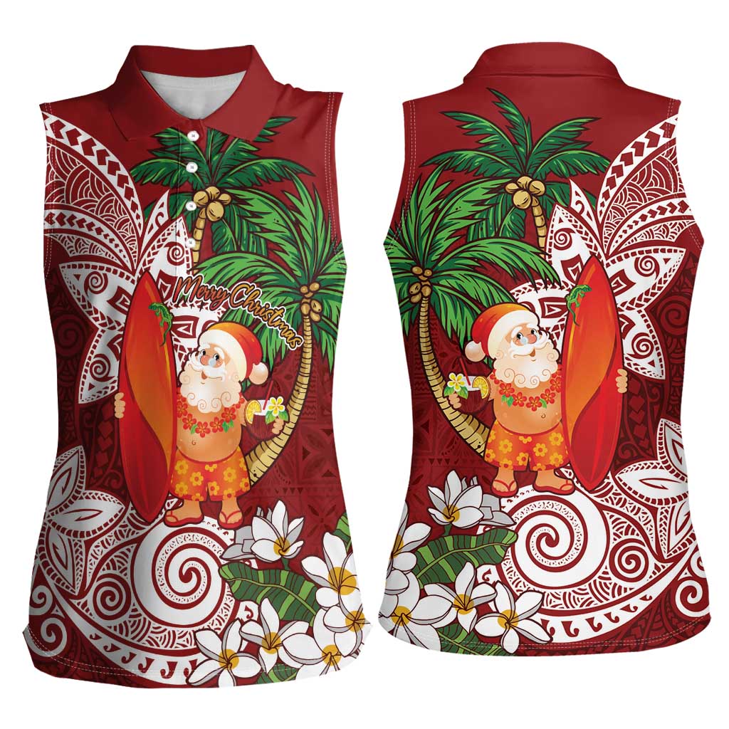 Polynesian Women Sleeveless Polo Shirt Tropical Santa - Plumeria Red Vintage