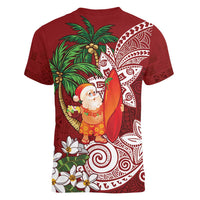 Polynesian Women V-Neck T-Shirt Tropical Santa - Plumeria Red Vintage