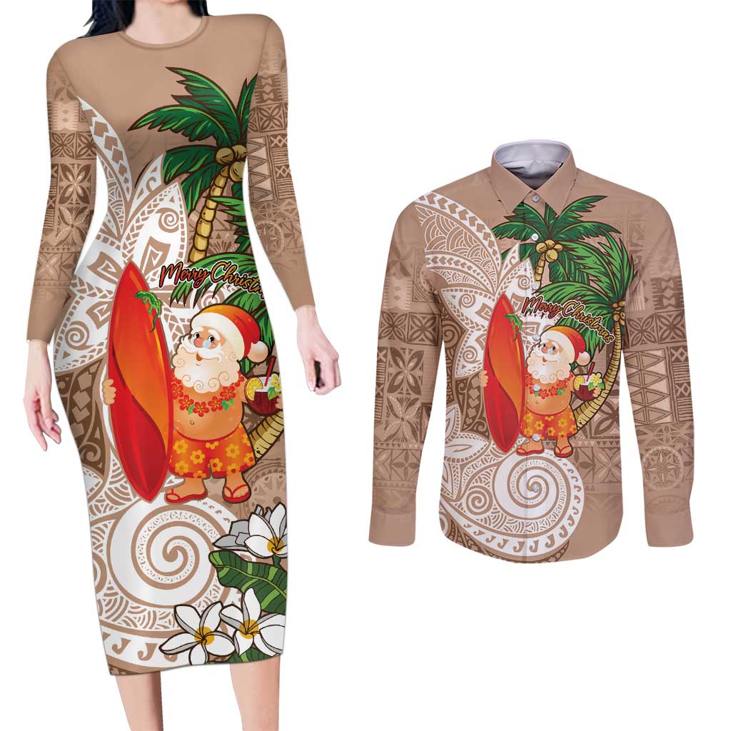Polynesian Couples Matching Long Sleeve Bodycon Dress and Long Sleeve Button Shirt Tropical Santa - Plumeria Beige Vintage