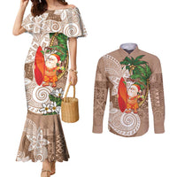 Polynesian Couples Matching Mermaid Dress and Long Sleeve Button Shirt Tropical Santa - Plumeria Beige Vintage