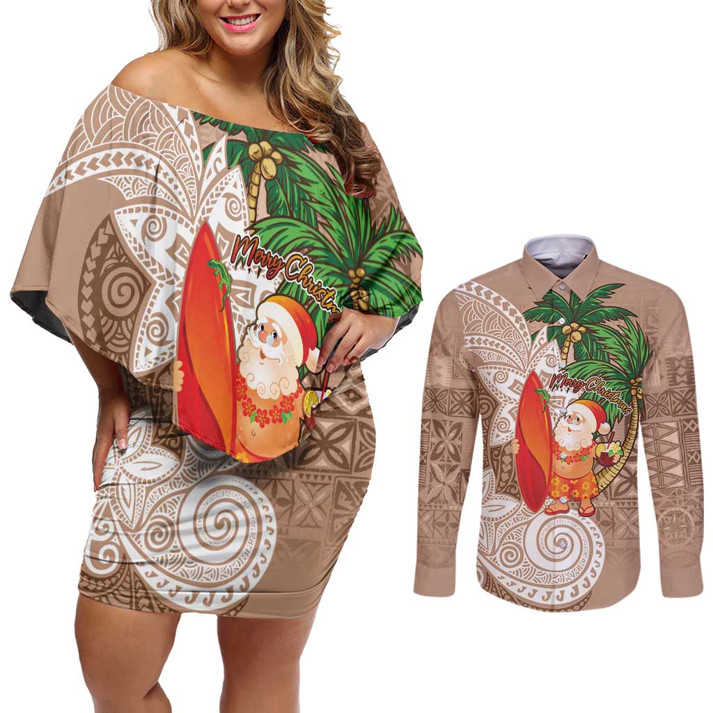 Polynesian Couples Matching Off Shoulder Short Dress and Long Sleeve Button Shirt Tropical Santa - Plumeria Beige Vintage
