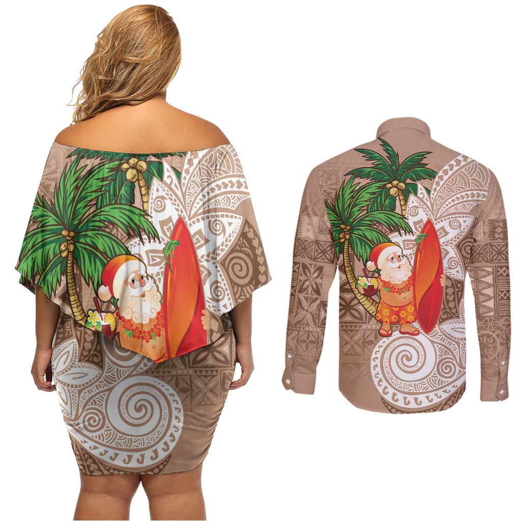 Polynesian Couples Matching Off Shoulder Short Dress and Long Sleeve Button Shirt Tropical Santa - Plumeria Beige Vintage