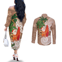 Polynesian Couples Matching Off The Shoulder Long Sleeve Dress and Long Sleeve Button Shirt Tropical Santa - Plumeria Beige Vintage