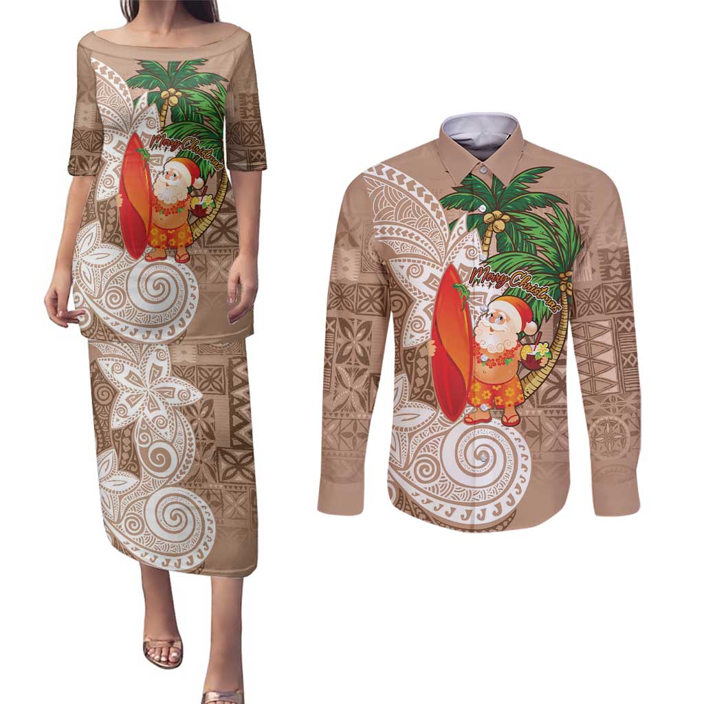 Polynesian Couples Matching Puletasi and Long Sleeve Button Shirt Tropical Santa - Plumeria Beige Vintage