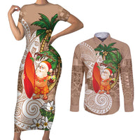 Polynesian Couples Matching Short Sleeve Bodycon Dress and Long Sleeve Button Shirt Tropical Santa - Plumeria Beige Vintage