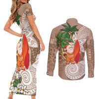 Polynesian Couples Matching Short Sleeve Bodycon Dress and Long Sleeve Button Shirt Tropical Santa - Plumeria Beige Vintage