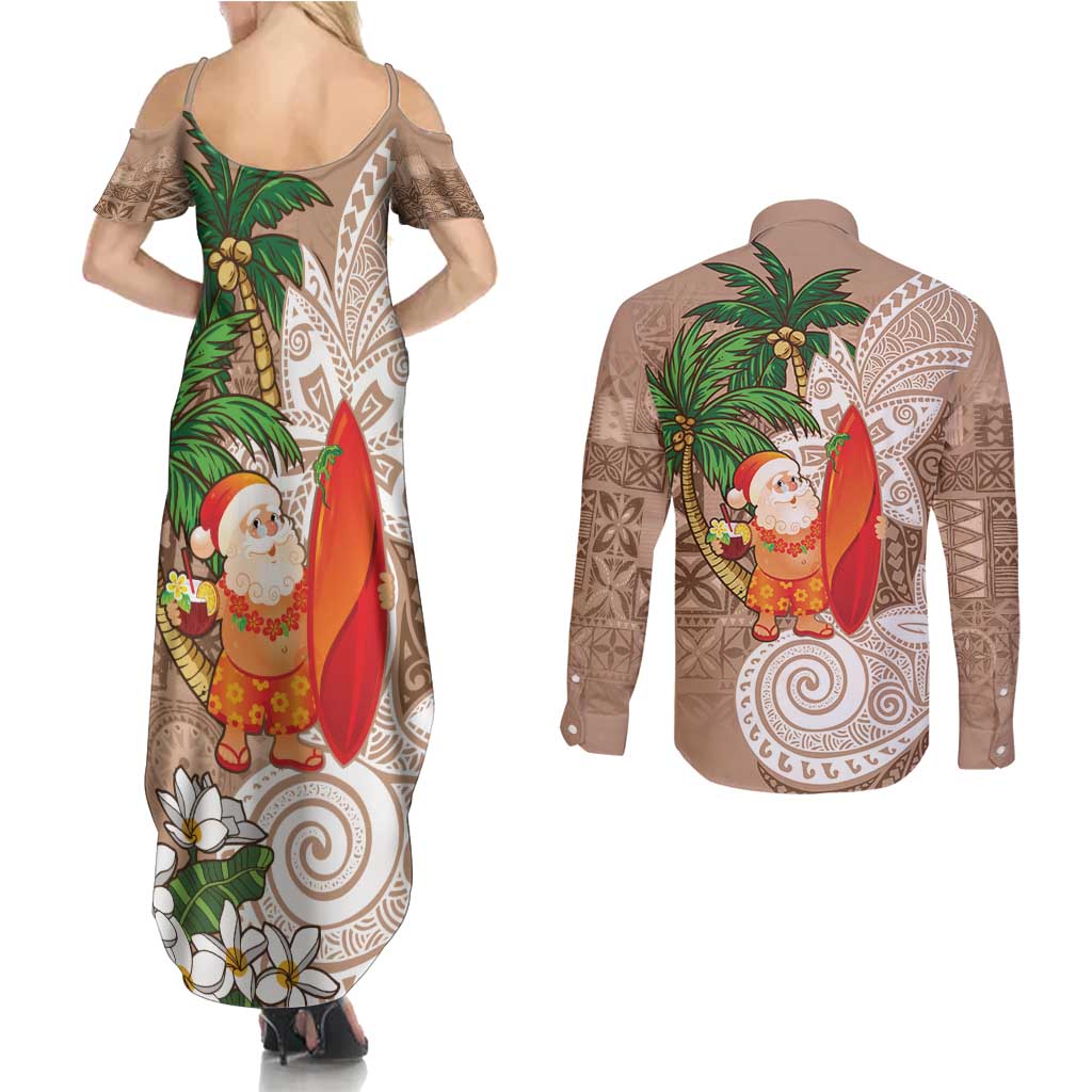 Polynesian Couples Matching Summer Maxi Dress and Long Sleeve Button Shirt Tropical Santa - Plumeria Beige Vintage