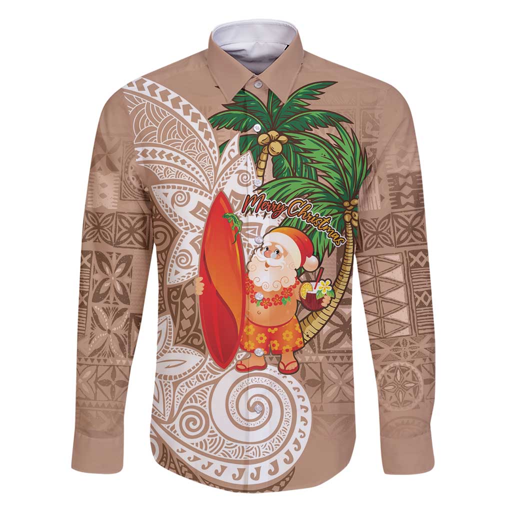 Polynesian Family Matching Long Sleeve Bodycon Dress and Hawaiian Shirt Tropical Santa - Plumeria Beige Vintage LT7 Dad's Shirt - Long Sleeve Beige - Polynesian Pride