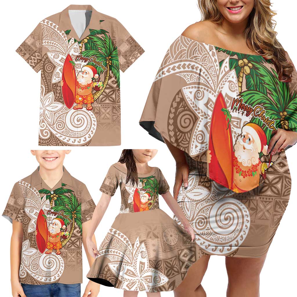 Polynesian Family Matching Off Shoulder Short Dress and Hawaiian Shirt Tropical Santa - Plumeria Beige Vintage