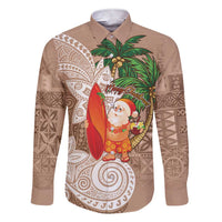 Polynesian Family Matching Short Sleeve Bodycon Dress and Hawaiian Shirt Tropical Santa - Plumeria Beige Vintage LT7 Dad's Shirt - Long Sleeve Beige - Polynesian Pride