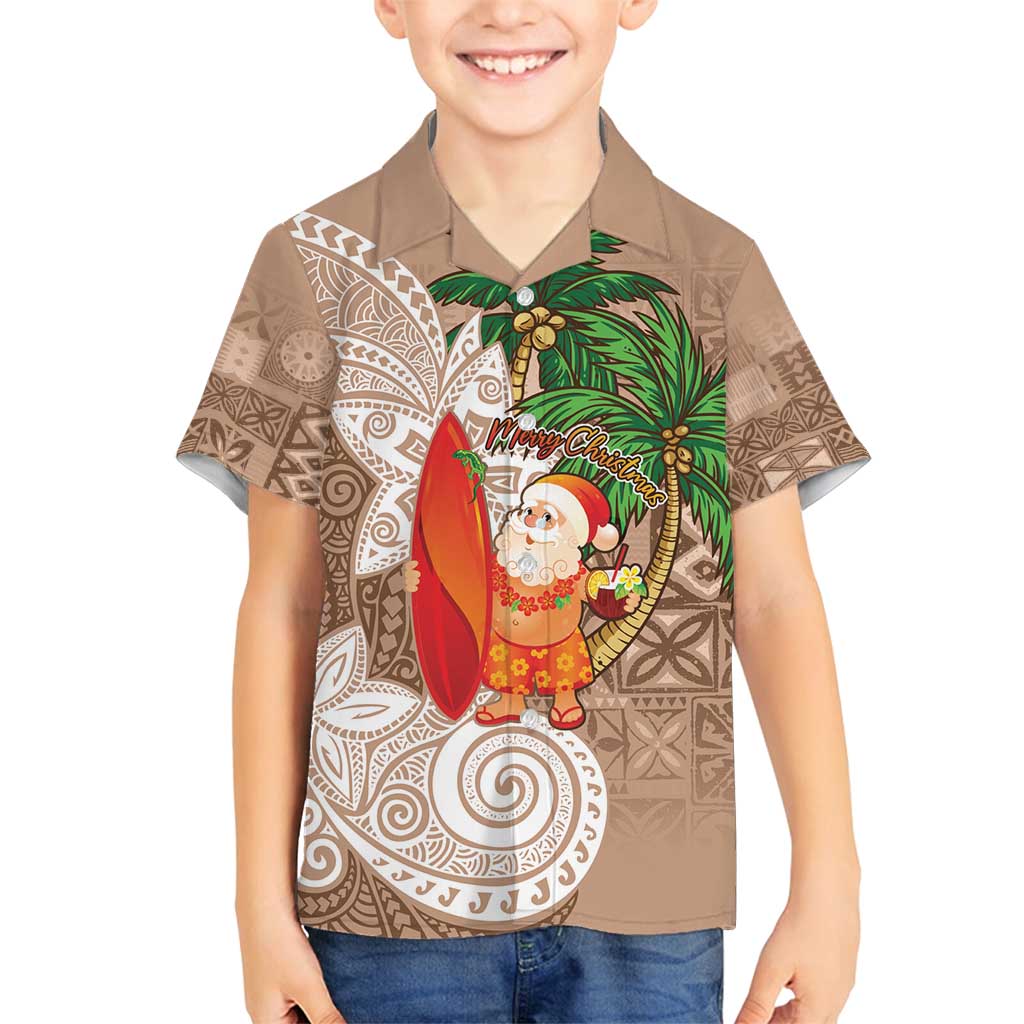 Polynesian Family Matching Tank Maxi Dress and Hawaiian Shirt Tropical Santa - Plumeria Beige Vintage LT7 Son's Shirt Beige - Polynesian Pride