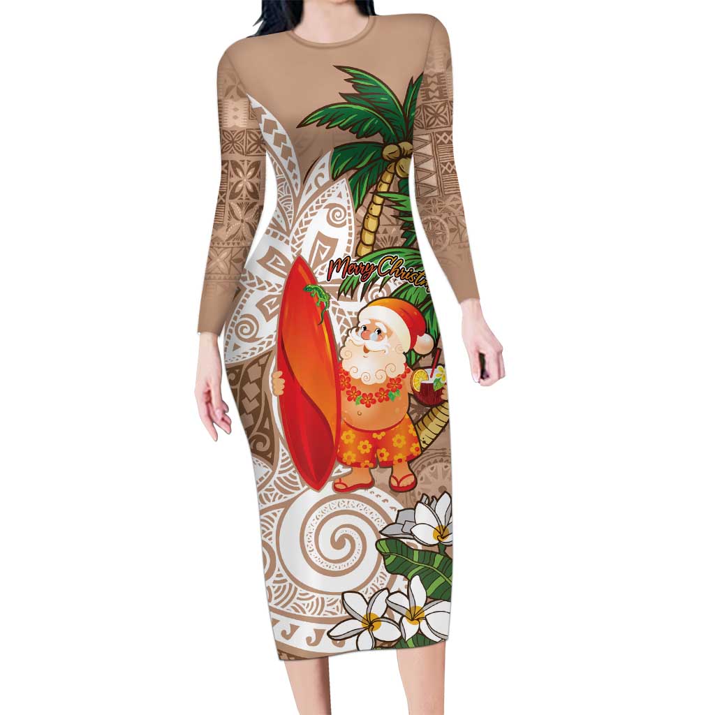 Polynesian Long Sleeve Bodycon Dress Tropical Santa - Plumeria Beige Vintage LT7 Long Dress Beige - Polynesian Pride