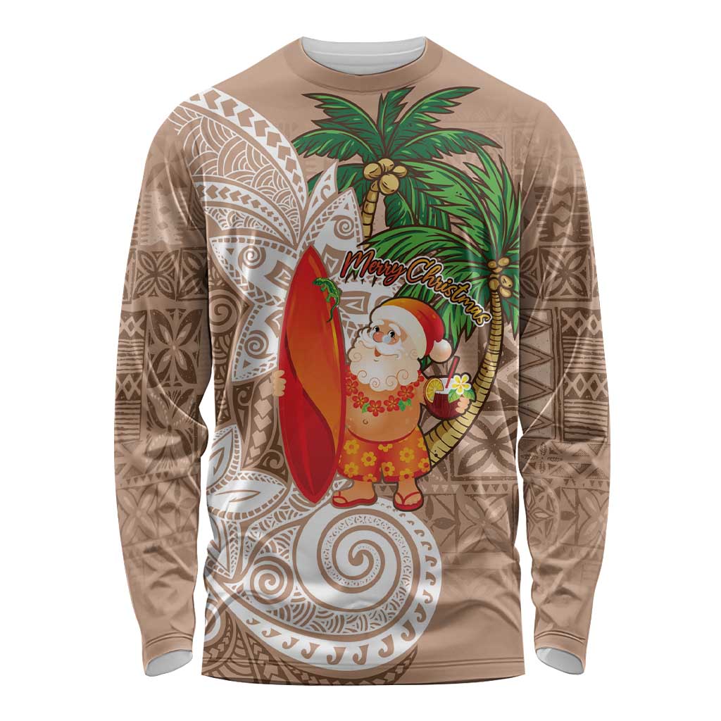 Polynesian Long Sleeve Shirt Tropical Santa - Plumeria Beige Vintage LT7 Unisex Beige - Polynesian Pride