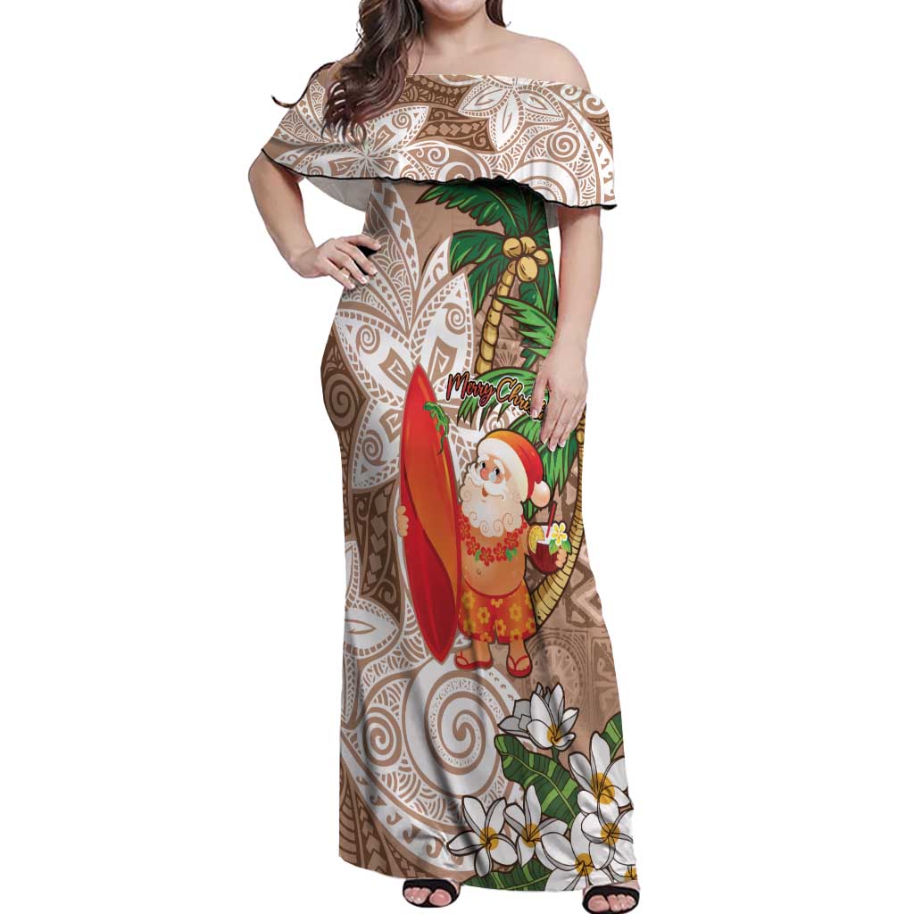 Polynesian Off Shoulder Maxi Dress Tropical Santa - Plumeria Beige Vintage