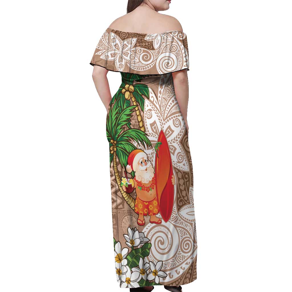 Polynesian Off Shoulder Maxi Dress Tropical Santa - Plumeria Beige Vintage