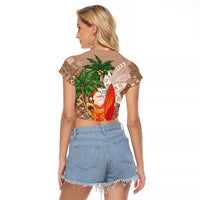 Polynesian Raglan Cropped T Shirt Tropical Santa - Plumeria Beige Vintage