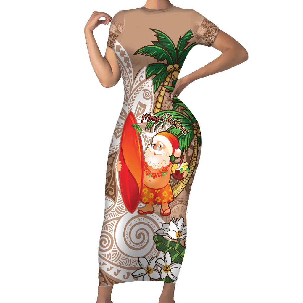 Polynesian Short Sleeve Bodycon Dress Tropical Santa - Plumeria Beige Vintage LT7 Long Dress Beige - Polynesian Pride