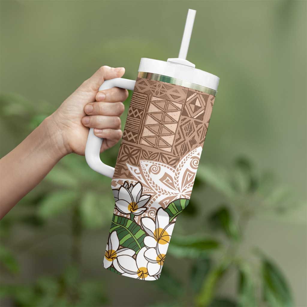 Polynesian Tumbler With Handle Tropical Santa - Plumeria Beige Vintage LT7 - Polynesian Pride