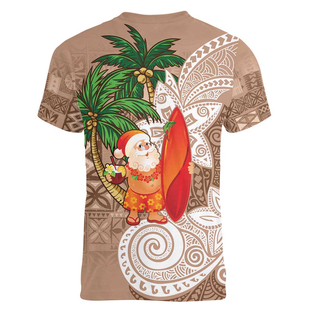 Polynesian Women V-Neck T-Shirt Tropical Santa - Plumeria Beige Vintage