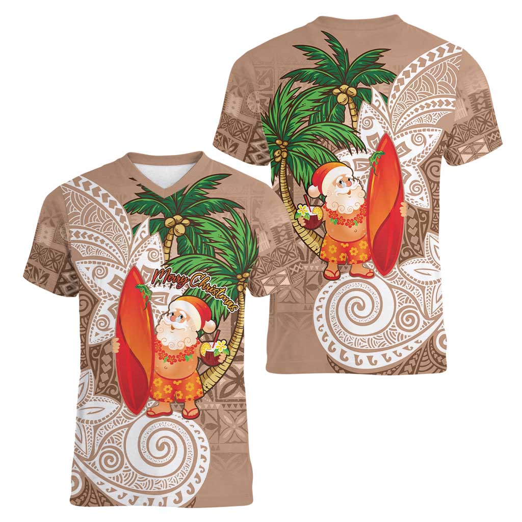 Polynesian Women V-Neck T-Shirt Tropical Santa - Plumeria Beige Vintage