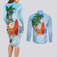 Polynesian Couples Matching Long Sleeve Bodycon Dress and Long Sleeve Button Shirt Tropical Santa - Plumeria Turquoise Vintage