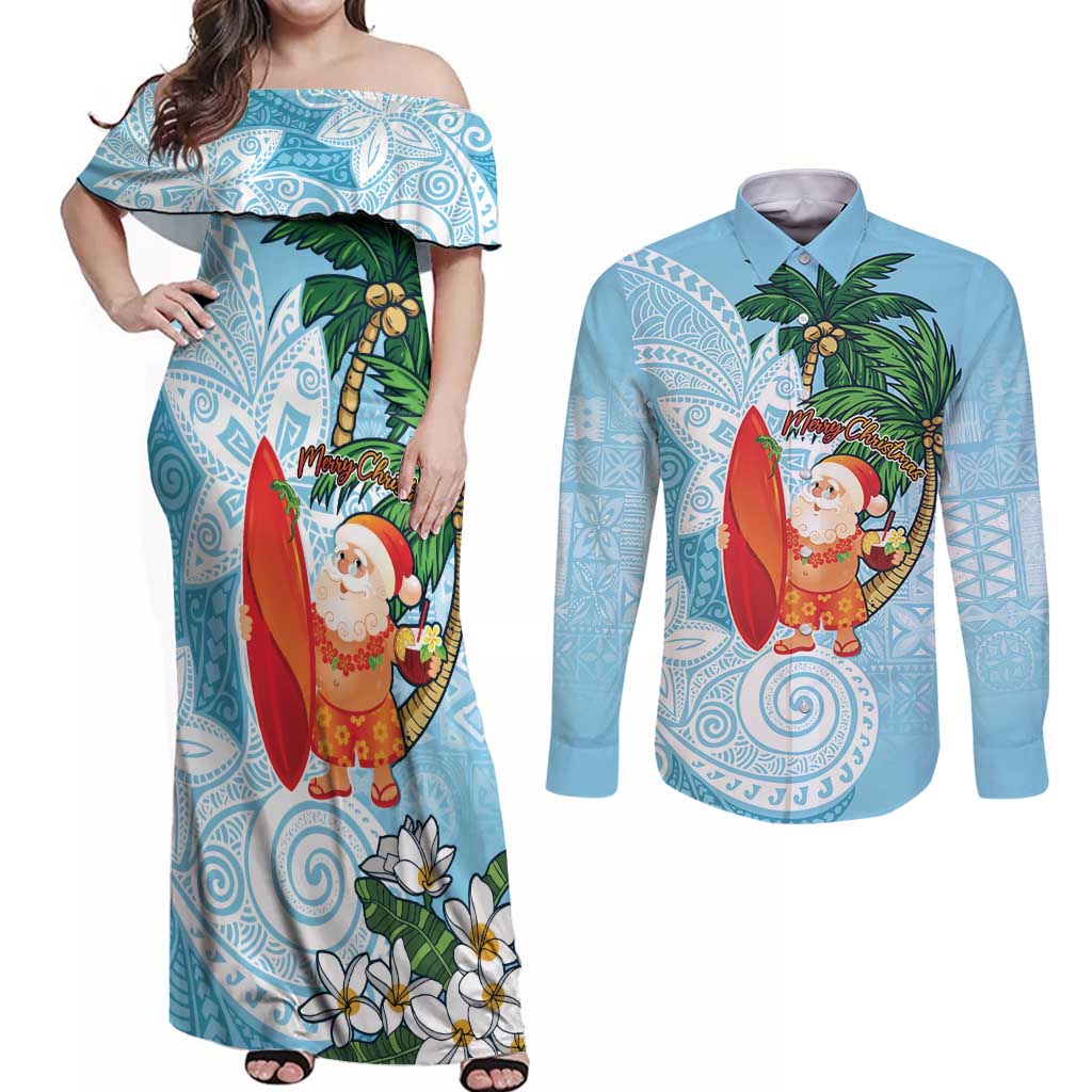 Polynesian Couples Matching Off Shoulder Maxi Dress and Long Sleeve Button Shirt Tropical Santa - Plumeria Turquoise Vintage