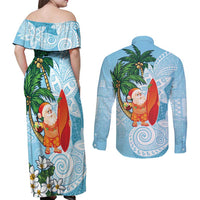 Polynesian Couples Matching Off Shoulder Maxi Dress and Long Sleeve Button Shirt Tropical Santa - Plumeria Turquoise Vintage