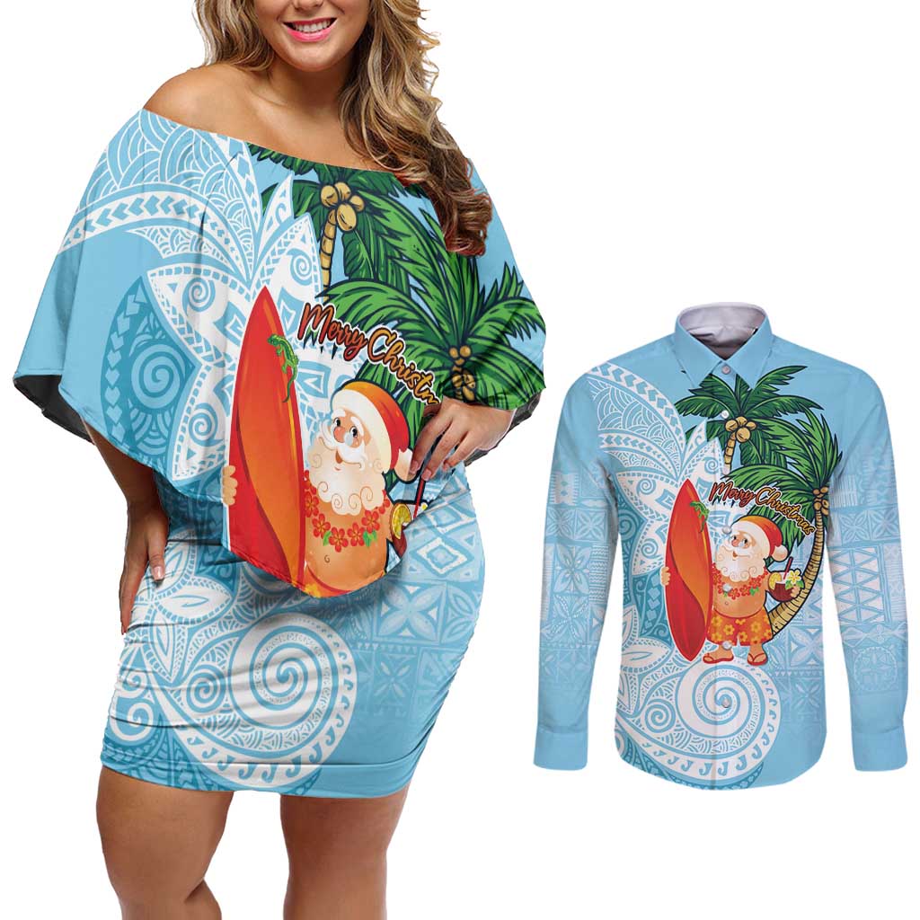 Polynesian Couples Matching Off Shoulder Short Dress and Long Sleeve Button Shirt Tropical Santa - Plumeria Turquoise Vintage