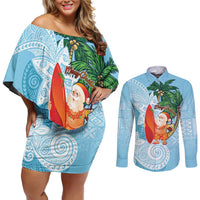 Polynesian Couples Matching Off Shoulder Short Dress and Long Sleeve Button Shirt Tropical Santa - Plumeria Turquoise Vintage