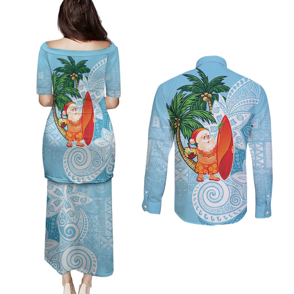 Polynesian Couples Matching Puletasi and Long Sleeve Button Shirt Tropical Santa - Plumeria Turquoise Vintage