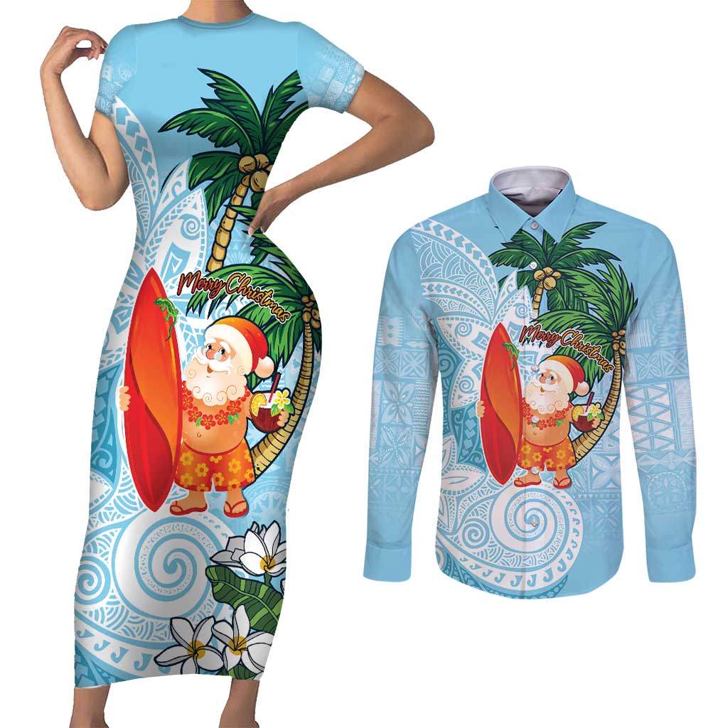Polynesian Couples Matching Short Sleeve Bodycon Dress and Long Sleeve Button Shirt Tropical Santa - Plumeria Turquoise Vintage