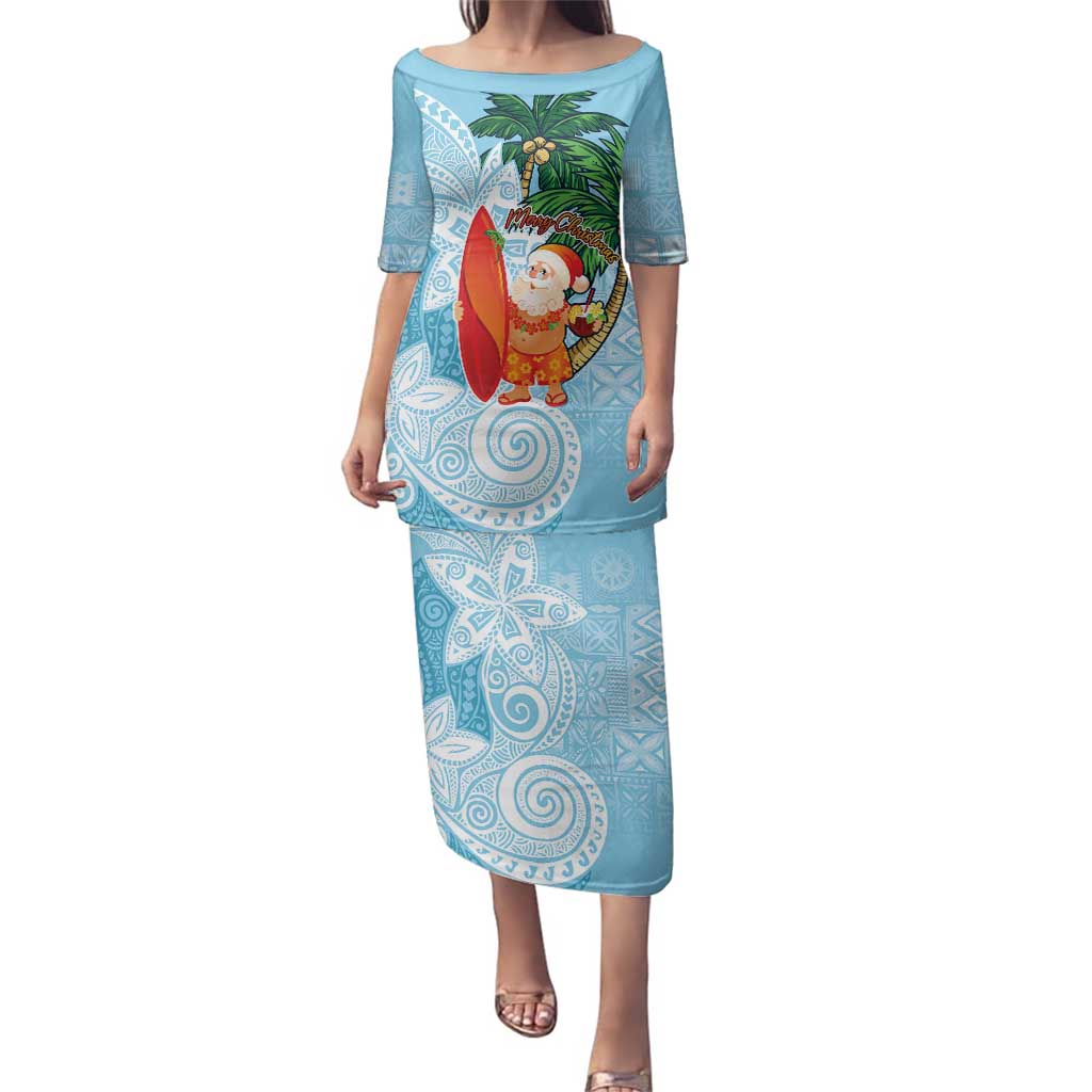 Polynesian Family Matching Puletasi and Hawaiian Shirt Tropical Santa - Plumeria Turquoise Vintage