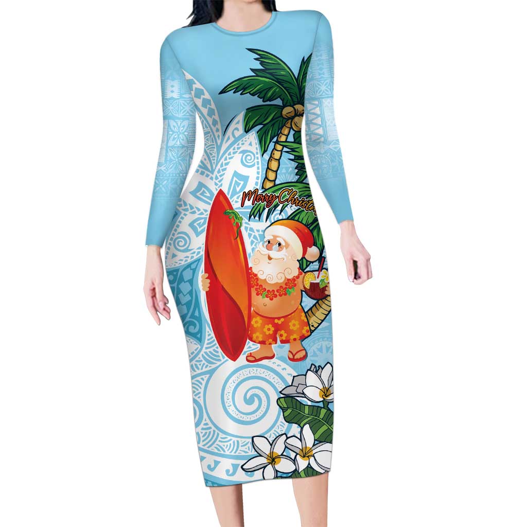 Polynesian Long Sleeve Bodycon Dress Tropical Santa - Plumeria Turquoise Vintage LT7 Long Dress Turquoise - Polynesian Pride