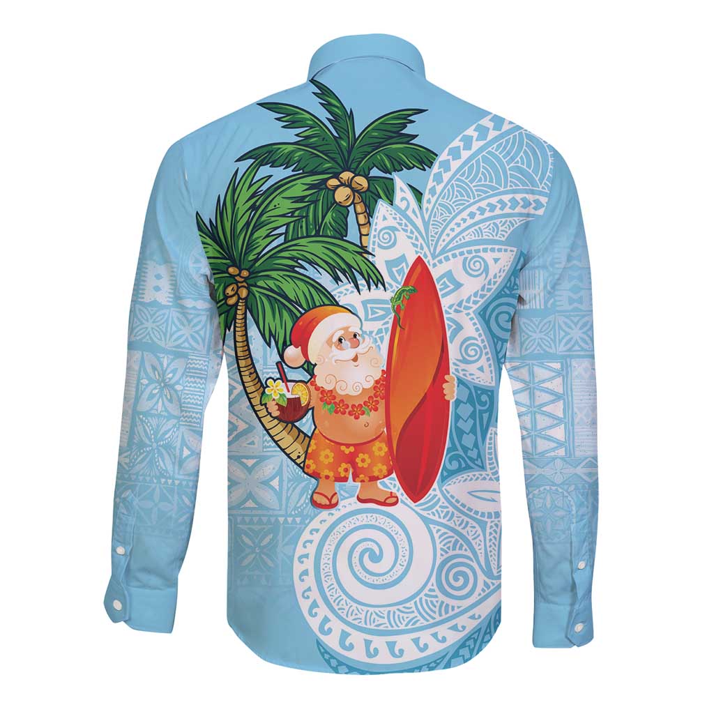 Polynesian Long Sleeve Button Shirt Tropical Santa - Plumeria Turquoise Vintage