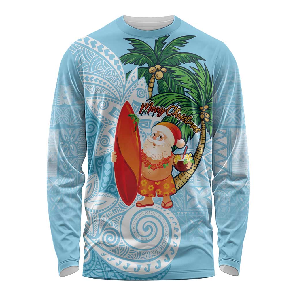 Polynesian Long Sleeve Shirt Tropical Santa - Plumeria Turquoise Vintage LT7 Unisex Turquoise - Polynesian Pride