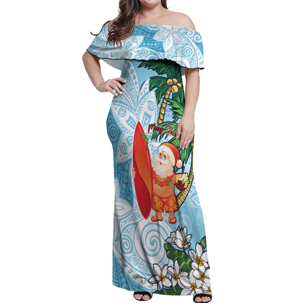 Polynesian Off Shoulder Maxi Dress Tropical Santa - Plumeria Turquoise Vintage