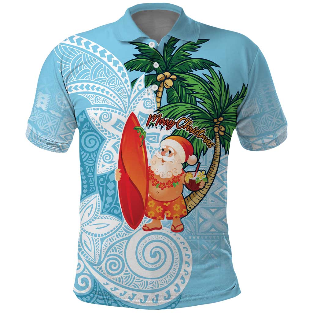 Polynesian Polo Shirt Tropical Santa - Plumeria Turquoise Vintage