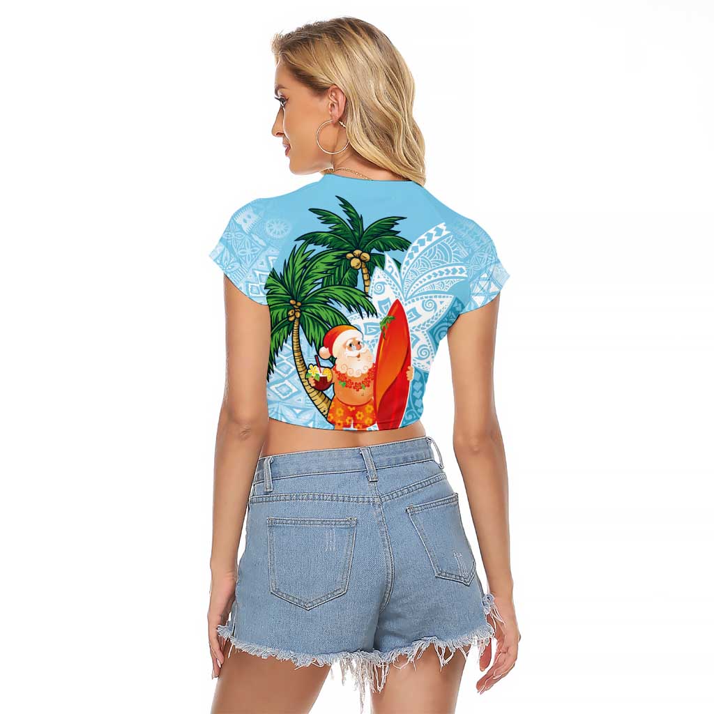 Polynesian Raglan Cropped T Shirt Tropical Santa - Plumeria Turquoise Vintage