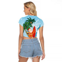 Polynesian Raglan Cropped T Shirt Tropical Santa - Plumeria Turquoise Vintage