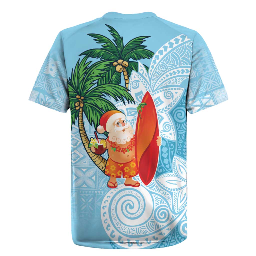 Polynesian Rugby Jersey Tropical Santa - Plumeria Turquoise Vintage
