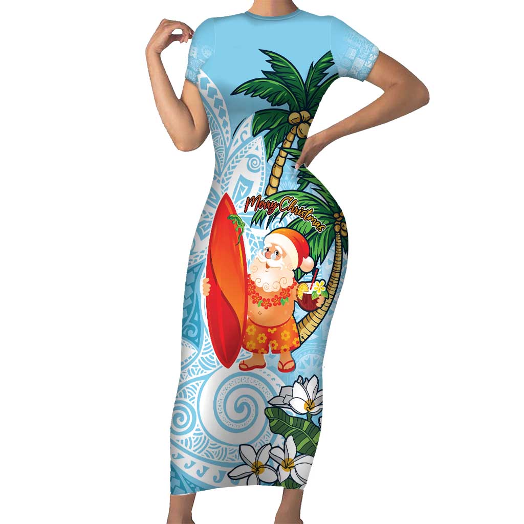Polynesian Short Sleeve Bodycon Dress Tropical Santa - Plumeria Turquoise Vintage LT7 Long Dress Turquoise - Polynesian Pride