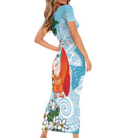 Polynesian Short Sleeve Bodycon Dress Tropical Santa - Plumeria Turquoise Vintage LT7 - Polynesian Pride